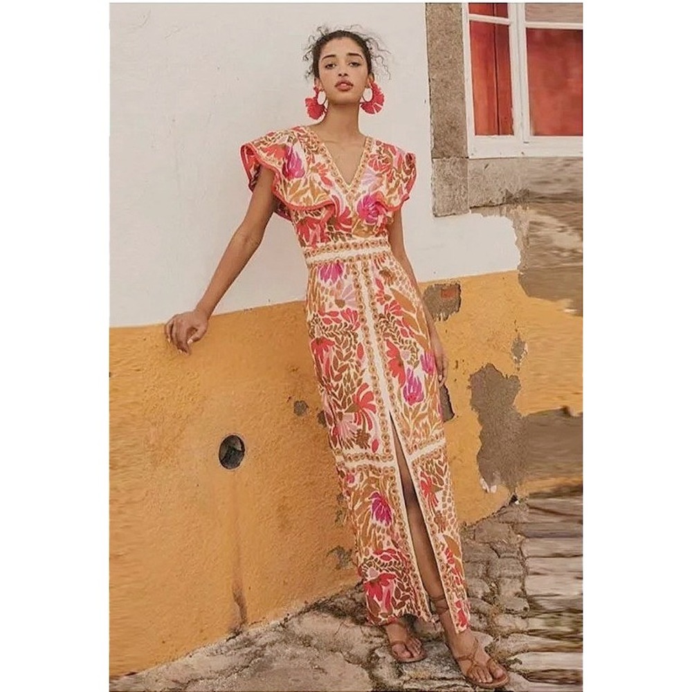 JardinVue Floral Flutter Sleeve Women M Orange Maxi Dress Resort Summer Garden